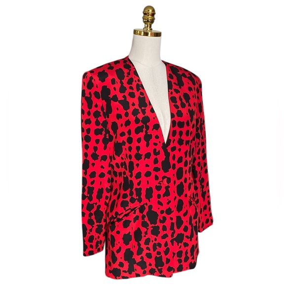 Vintage Anne Klein Silk Red & Black Leopard Print Single Button V-Neck Blazer 8 - Picture 2 of 9